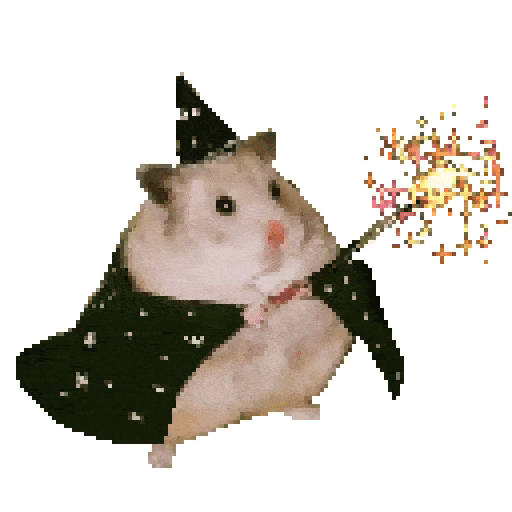 a photo of a hamster edited to wear a wizard's cap and cloak, holding a magic wand with tons of sparks coming out of it