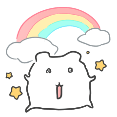 A cartoon of a joyous white hamster with sparkling eyes standing in front of a rainbow and stars.