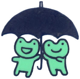 A simple doodle of two cartoon frogs smiling under an umbrella together.